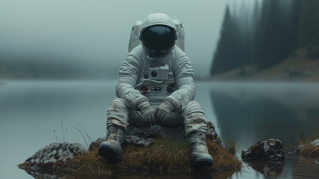 Portrait of astronaut in space suit doing common activity outdoors