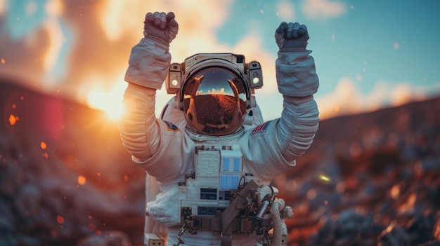 Portrait of astronaut in space suit doing common activity outdoors