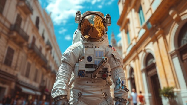 Portrait of astronaut in space suit doing regular human activity