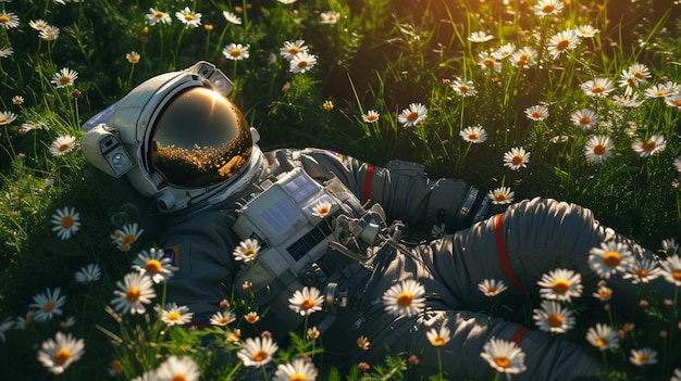 Free photo portrait of astronaut in space suit with flowers