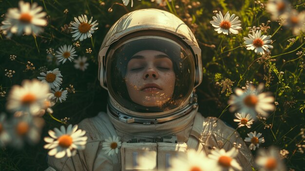 Portrait of astronaut in space suit with flowers