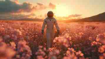 Free photo portrait of astronaut in space suit with flowers