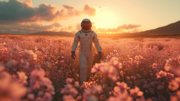 Portrait of astronaut in space suit with flowers