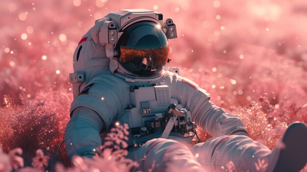 Portrait of astronaut in space suit with flowers