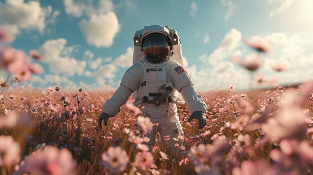 Portrait of astronaut in space suit with flowers