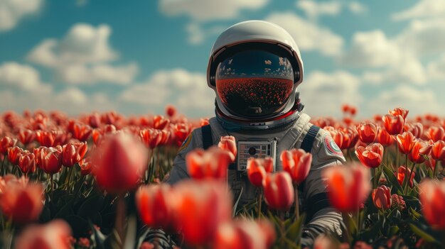 Portrait of astronaut in space suit with flowers