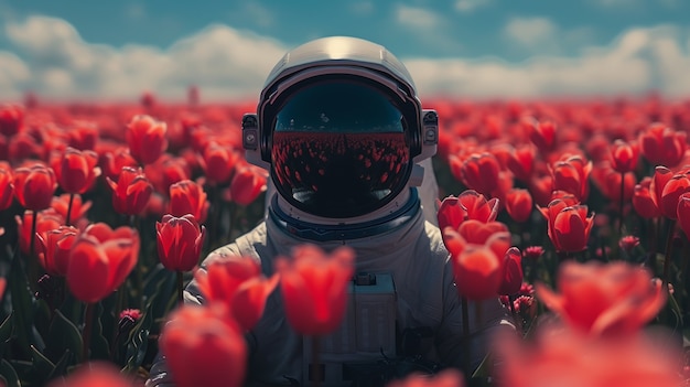 Portrait of astronaut in space suit with flowers