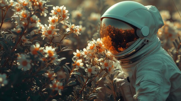 Portrait of astronaut in space suit with flowers