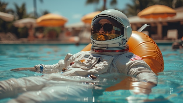 Portrait of astronaut in space suit with pool