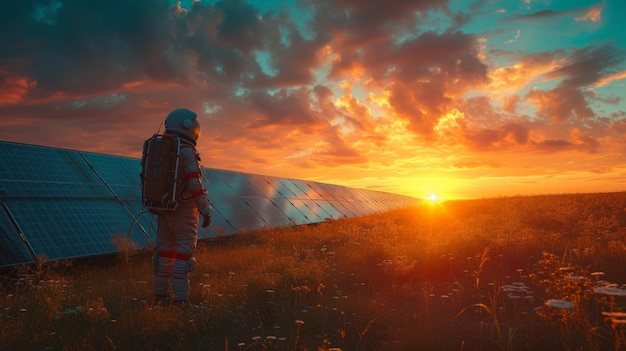 Free photo portrait of astronaut in space suit with solar panels