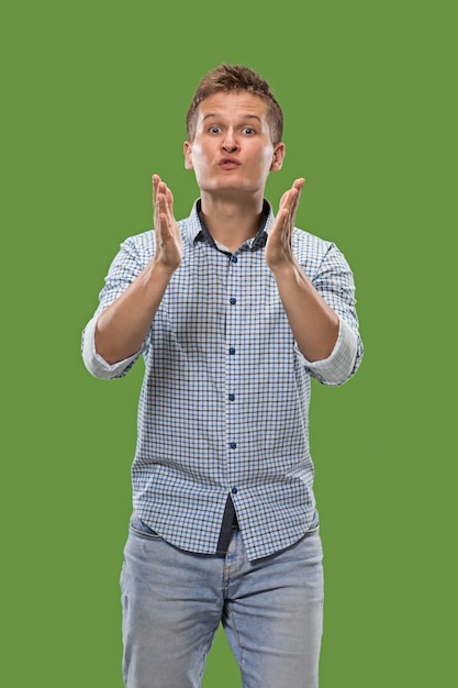 Portrait of attractive man with kiss isolated over green 