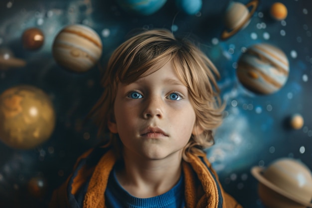 Free photo portrait of autistic kid in fantasy world