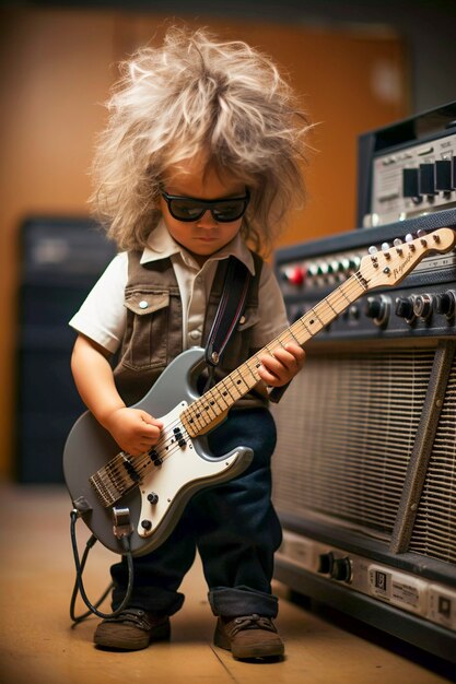 Portrait of baby playing guitar