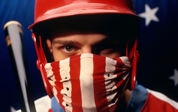 Portrait of baseball player with american flag mask