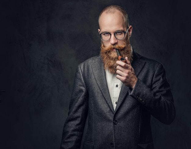 Portrait of bearded redhead English male smoking pipe over grey background.