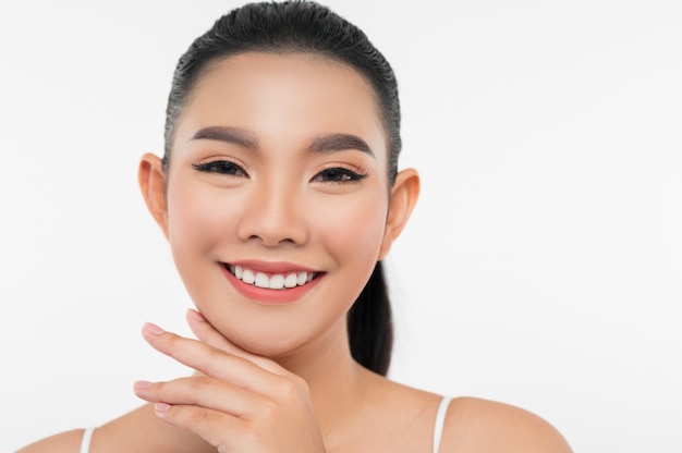 Portrait of beautiful asian woman with black hair and pink lips