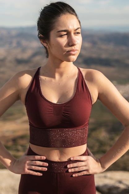 Portrait beautiful woman in break after yoga