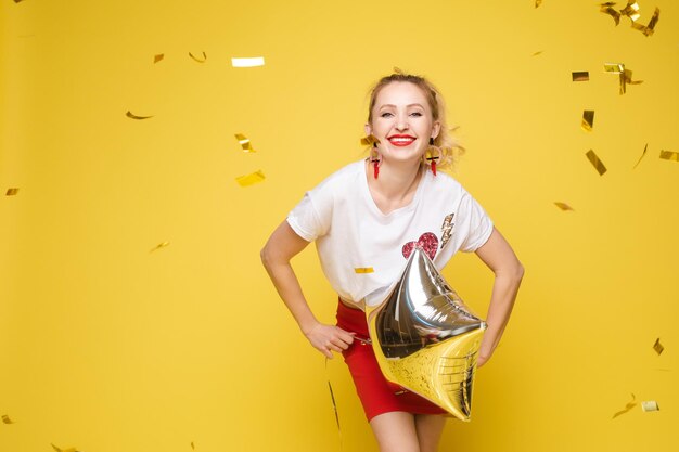 Portrait of beautiful woman celebrating a party and having fun