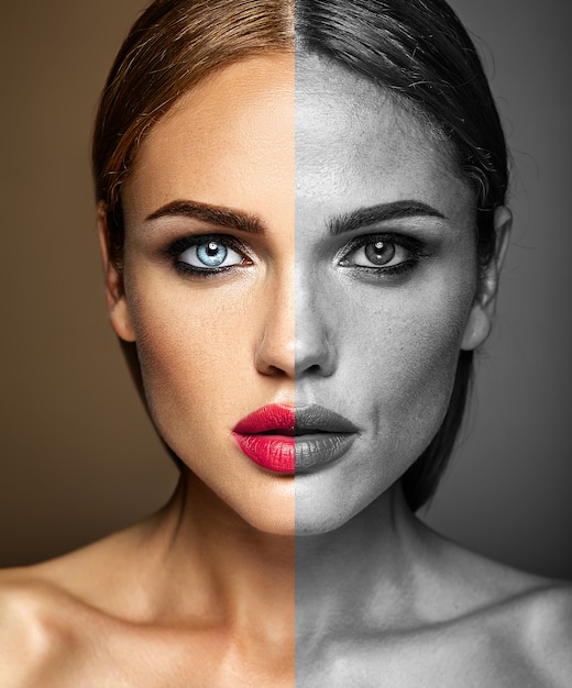 Free Photo portrait of beautiful woman model, before and after retouch