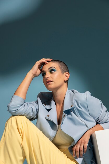 Portrait of beautiful woman posing with a blue jacket