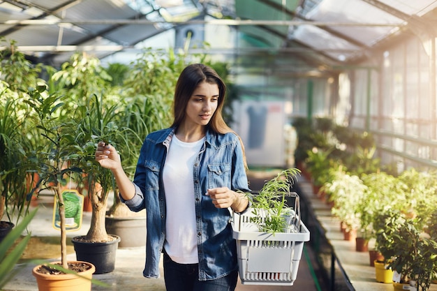 Portrait of beautiful young woman wearing denim shopping for plants for her new beach house