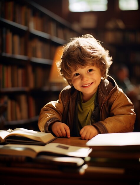 Portrait of boy reading in library