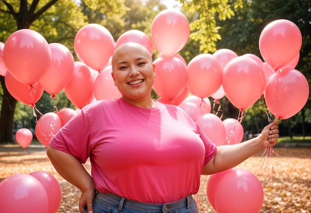 Free photo portrait of breast cancer survivor smiling with balloons