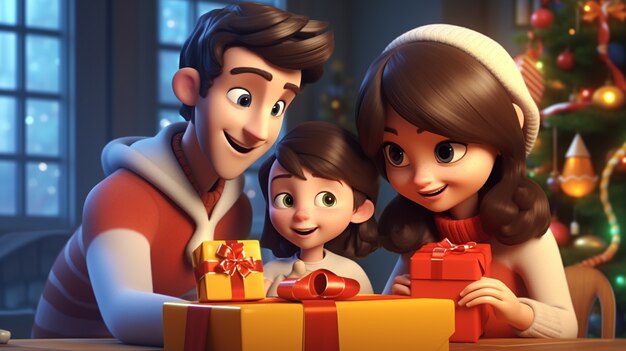 Portrait of cartoon style family celebrating christmas