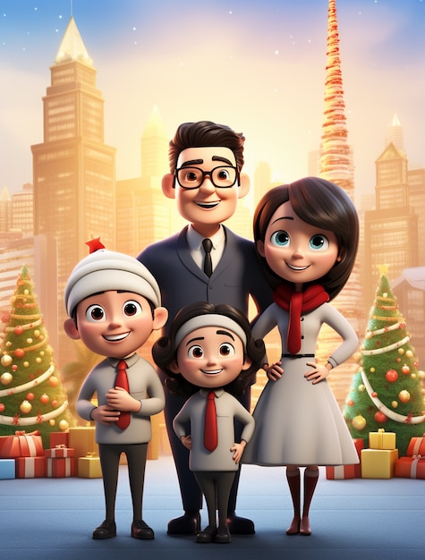 Portrait of cartoon style family celebrating christmas