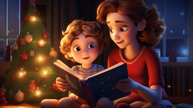 Portrait of cartoon style mother celebrating christmas with her child