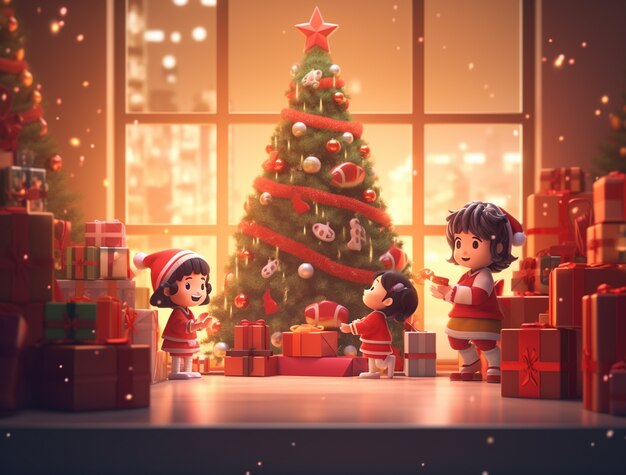 Portrait of cartoon style young children celebrating christmas