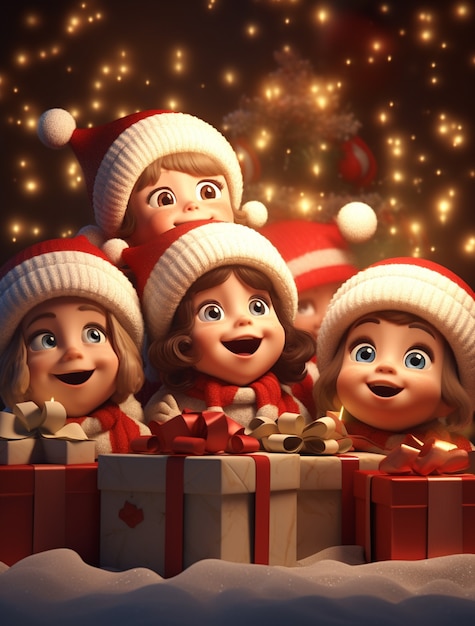 Portrait of cartoon style young children celebrating christmas