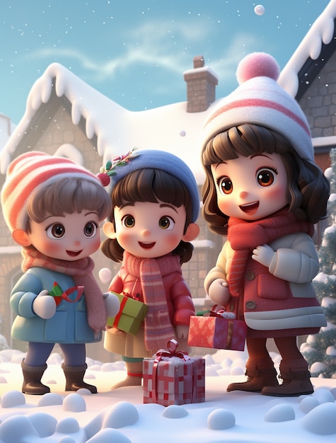 Free photo portrait of cartoon style young children celebrating christmas