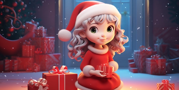 Free photo portrait of cartoon style young girl celebrating christmas