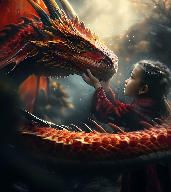 Free Photo portrait of child with fantasy pet dragon