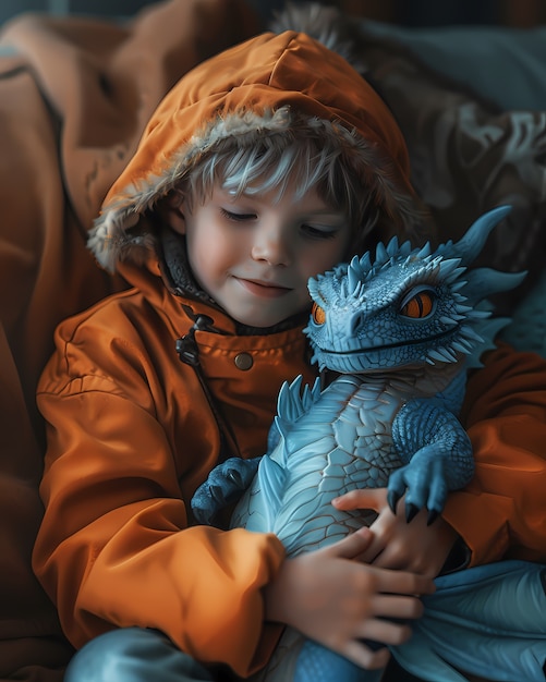 Free photo portrait of child with fantasy pet dragon