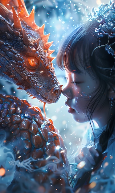 Free photo portrait of child with fantasy pet dragon