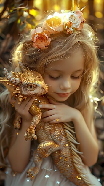 Free Photo portrait of child with fantasy pet dragon