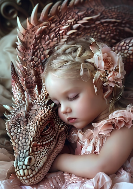 Free photo portrait of child with fantasy pet dragon