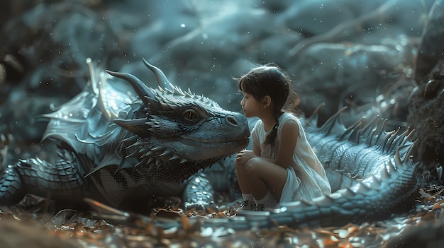 Free photo portrait of child with fantasy pet dragon