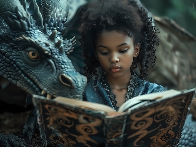 Free photo portrait of child with fantasy pet dragon