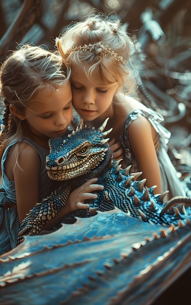 Free photo portrait of child with fantasy pet dragon