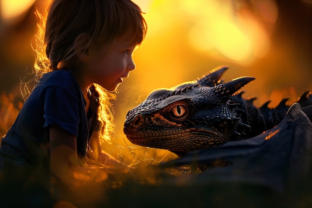 Free Photo portrait of child with fantasy pet dragon