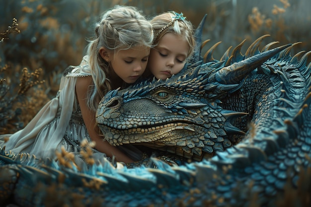 Free photo portrait of child with fantasy pet dragon