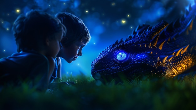 Free Photo portrait of child with fantasy pet dragon