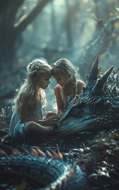 Free photo portrait of child with fantasy pet dragon