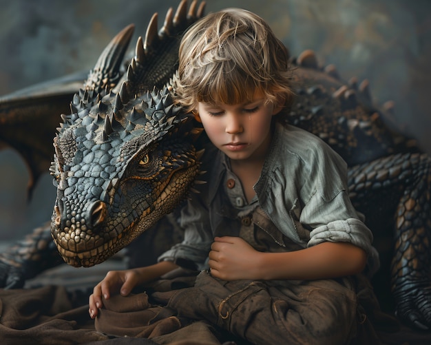 Free photo portrait of child with fantasy pet dragon