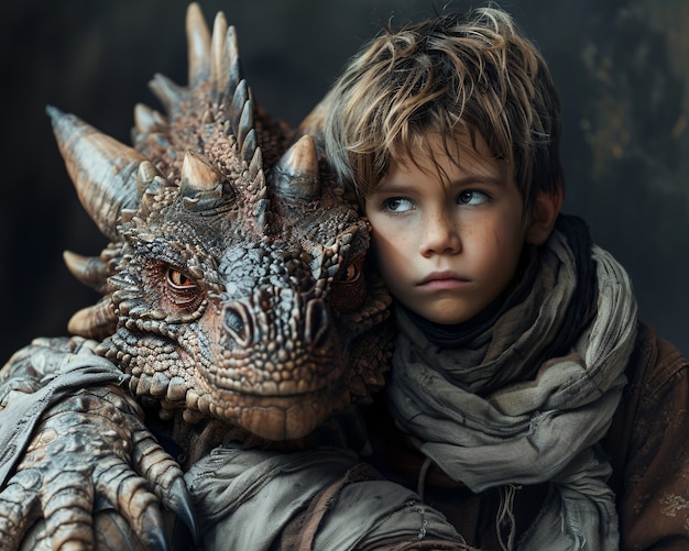 Free Photo portrait of child with fantasy pet dragon