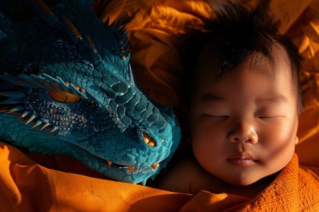 Free photo portrait of child with fantasy pet dragon