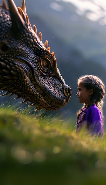 Free Photo portrait of child with fantasy pet dragon